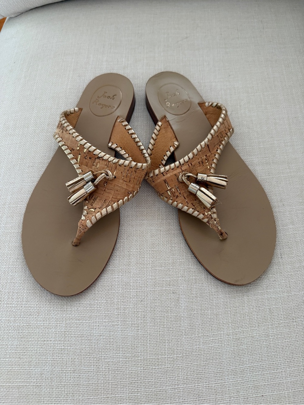 Jack Rogers Cork Tassel Thong Sandals in Tan